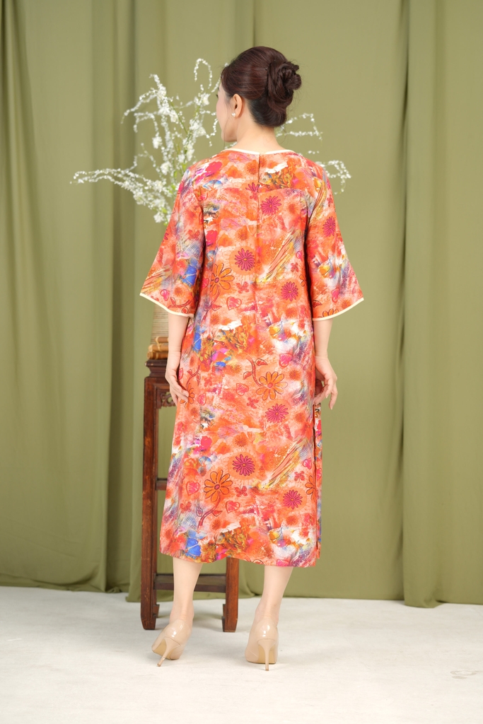 M-Collection - Đầm Hoa Cổ Tròn Đính Ngọc Trai Chất Đũi Hàn - D11573LW02