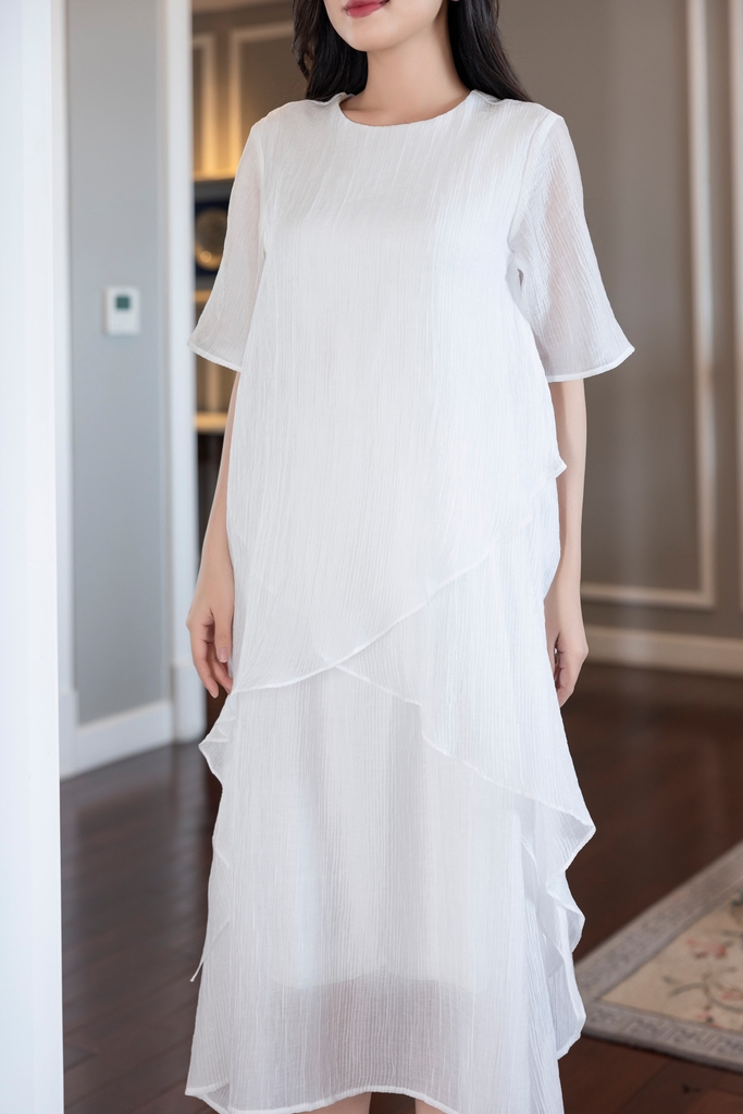 Đầm Suông Trơn Vắt Chéo Hai Lớp Chất Tơ Xốp Lót Lụa Hàn Trắng Swanlake - D12062LW01