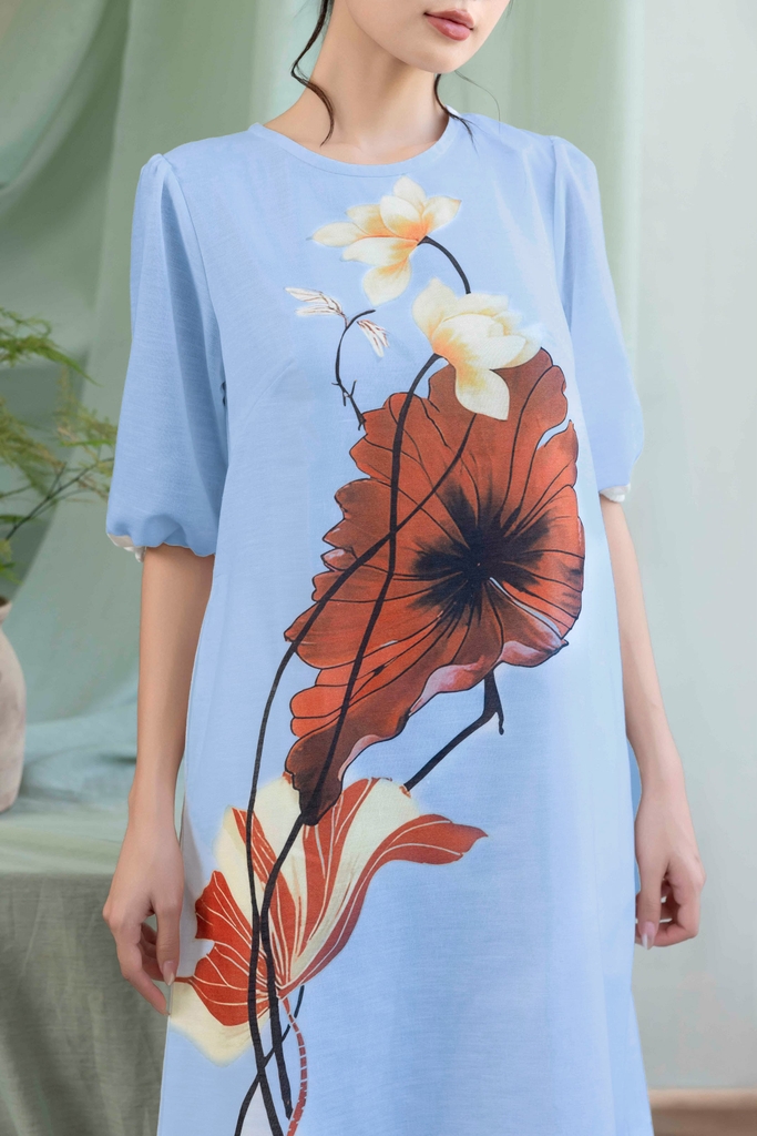 Đầm Phom A Dài Qua Gối Linen Lụa In Hoa Mảng Lớn - D12072LW01