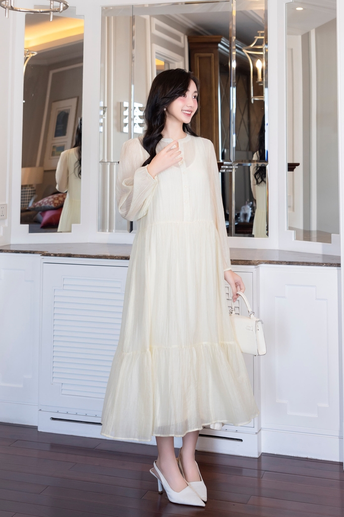 Đầm Maxi Cổ Trụ Cài Nút Hai Lớp Tơ Chiffon Màu Hồng Swanlake - D12073LW01