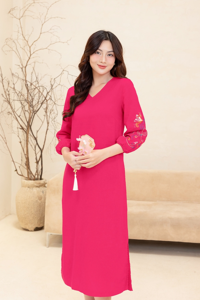 SWANLAKE | Váy Đầm Nữ Midi Suông Xẻ Tà Cổ V Tay Lỡ Thêu Hoa Nổi Vải Linen Công Sở Tiệc Có Túi D12131