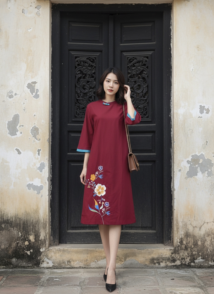 SWANLAKE | Váy Đầm Midi Nữ Phom Suông Cổ Tròn Tay Lỡ Thêu Hoa Chất Vải Linen Đi Tết Dự Tiệc D13232LW01