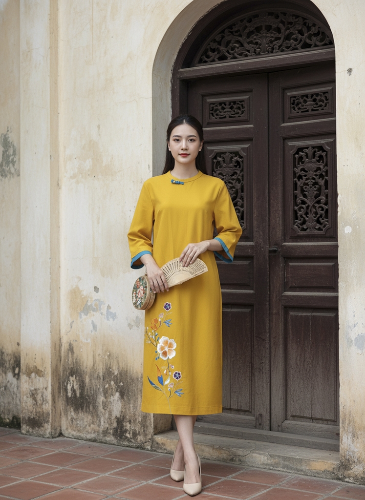 SWANLAKE | Váy Đầm Midi Nữ Phom Suông Cổ Tròn Tay Lỡ Thêu Hoa Chất Vải Linen Đi Tết Dự Tiệc D13232LW01