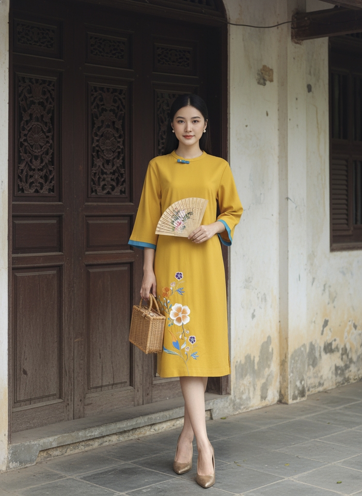 SWANLAKE | Váy Đầm Midi Nữ Phom Suông Cổ Tròn Tay Lỡ Thêu Hoa Chất Vải Linen Đi Tết Dự Tiệc D13232LW01