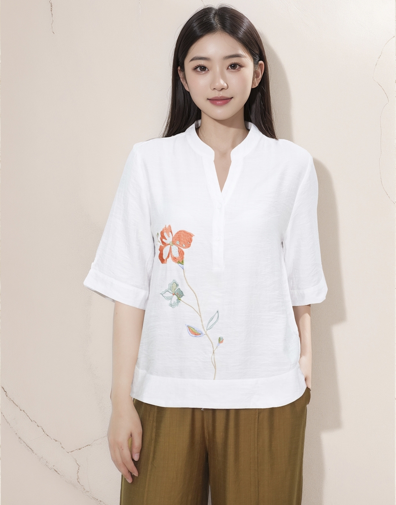 M-Collection - Áo Cổ Trụ Thêu Hoa Vạt Bầu Lụa Hàn - A11946LW01