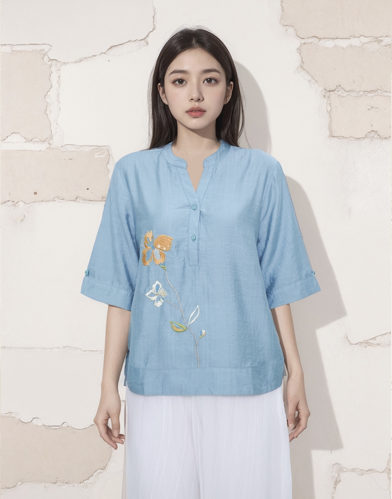 M-Collection - Áo Cổ Trụ Thêu Hoa Vạt Bầu Lụa Hàn - A11946LW01