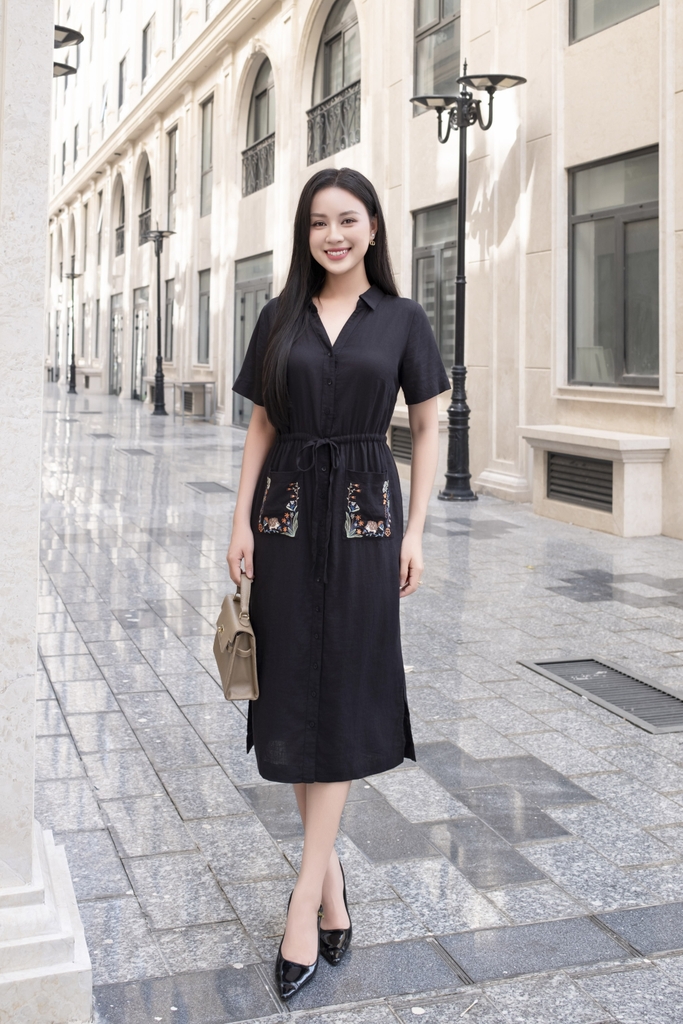 Swanlake | Đầm Sơ Mi Phom Suông Thắt Dây Eo Linen Thêu D12482LW01