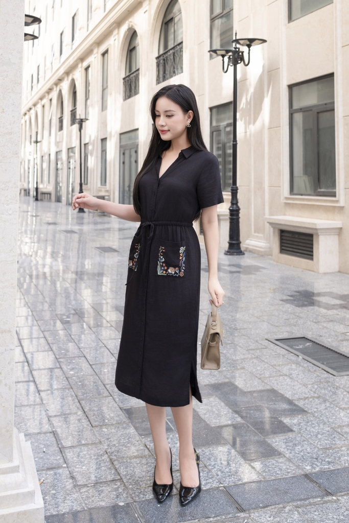 Swanlake | Đầm Sơ Mi Phom Suông Thắt Dây Eo Linen Thêu D12482LW01