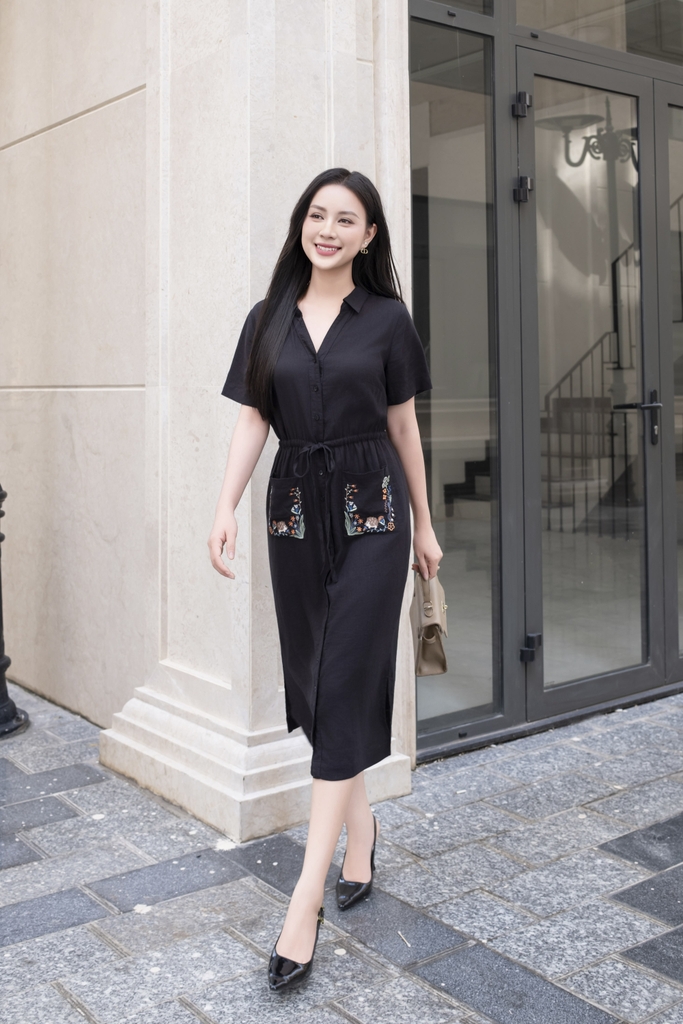 Swanlake | Đầm Sơ Mi Phom Suông Thắt Dây Eo Linen Thêu D12482LW01