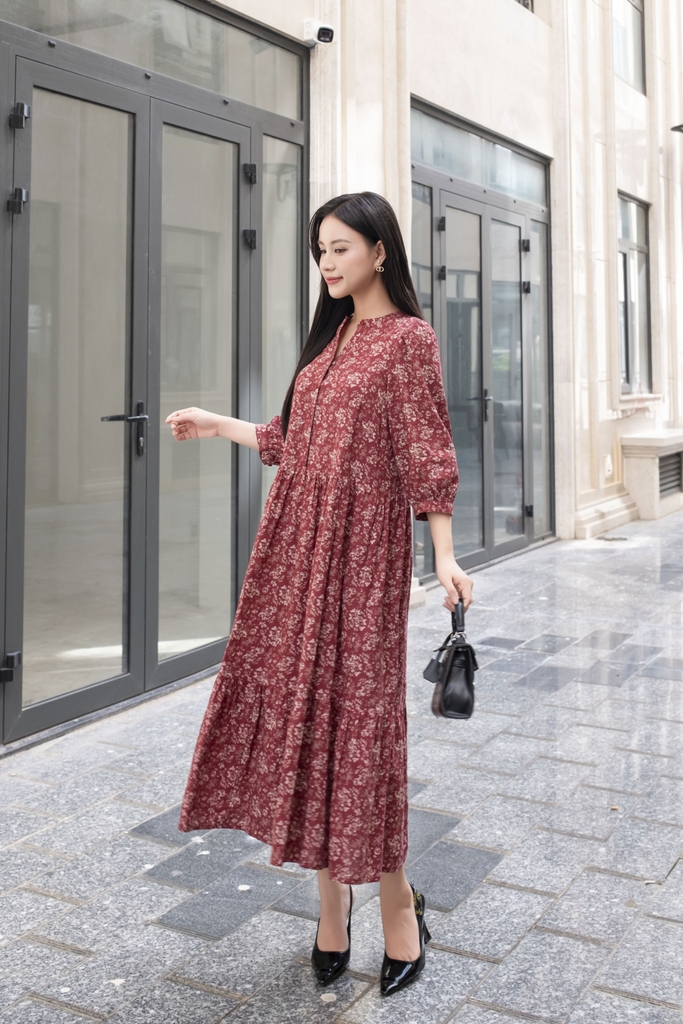 SWANLAKE | Váy Đầm Maxi Hoa Nhí Phom Dài Xòe 2 Tầng Vải Xô Bông/Linen Lụa Tay Lỡ Cổ Trụ - D10887