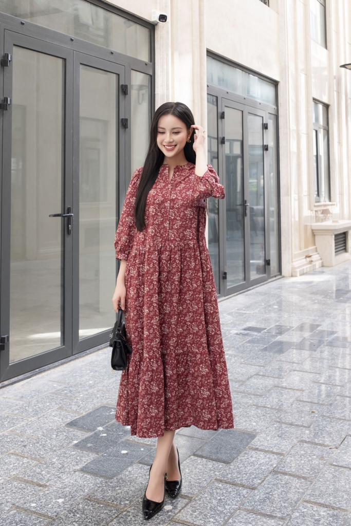 SWANLAKE | Váy Đầm Maxi Hoa Nhí Phom Dài Xòe 2 Tầng Vải Xô Bông/Linen Lụa Tay Lỡ Cổ Trụ - D10887