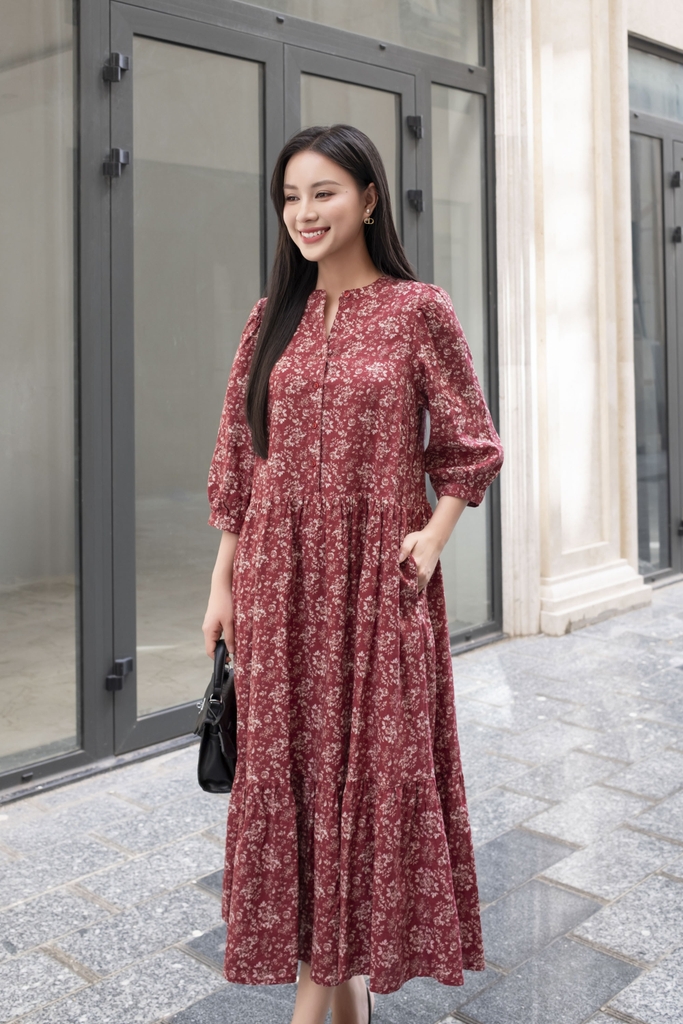SWANLAKE | Váy Đầm Maxi Hoa Nhí Phom Dài Xòe 2 Tầng Vải Xô Bông/Linen Lụa Tay Lỡ Cổ Trụ - D10887
