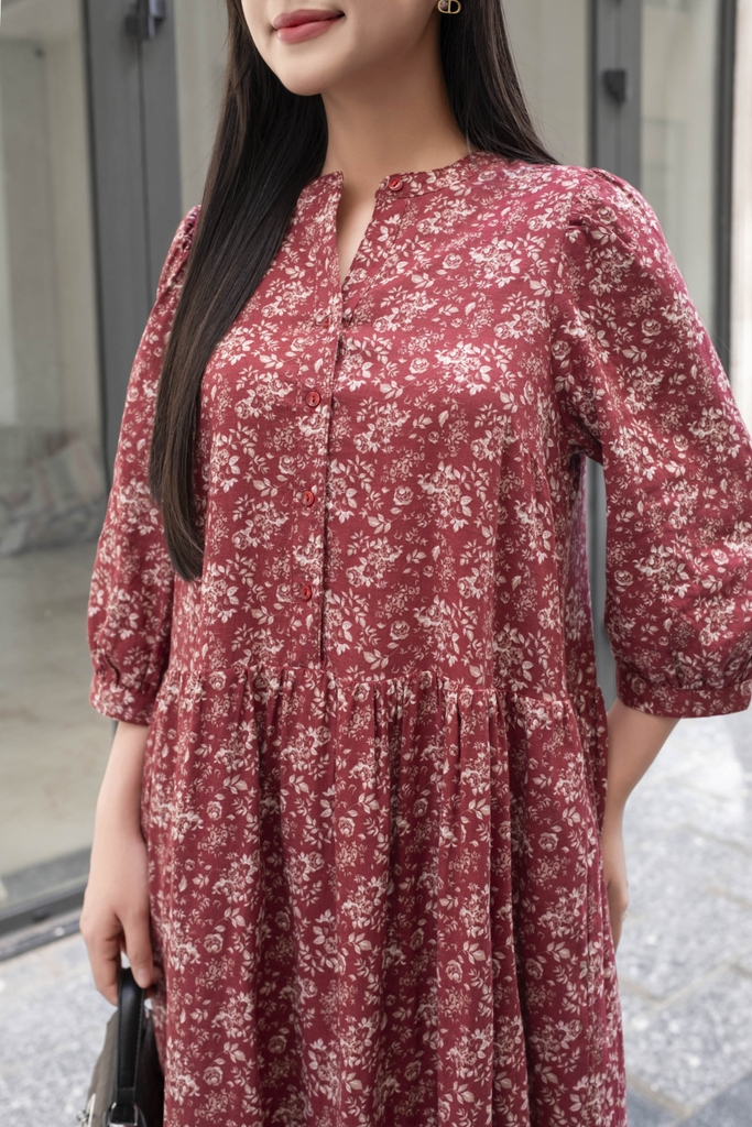 SWANLAKE | Váy Đầm Maxi Hoa Nhí Phom Dài Xòe 2 Tầng Vải Xô Bông/Linen Lụa Tay Lỡ Cổ Trụ - D10887