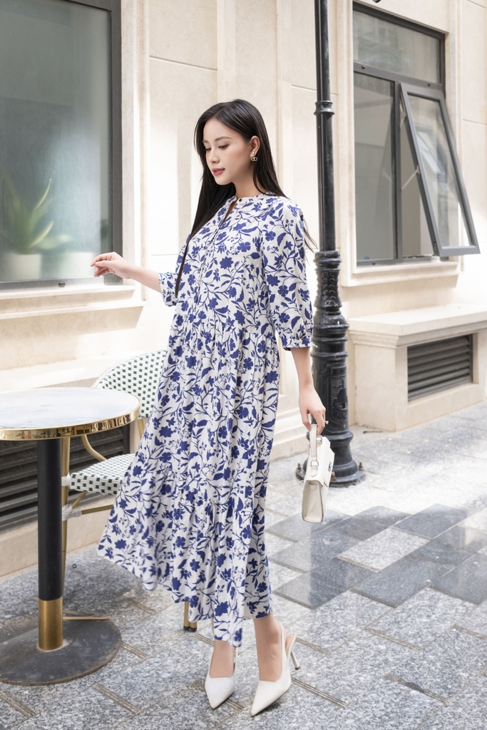 SWANLAKE | Váy Đầm Maxi Hoa Nhí Phom Dài Xòe 2 Tầng Vải Xô Bông/Linen Lụa Tay Lỡ Cổ Trụ - D10887
