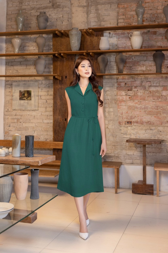 SWANLAKE | Váy Đầm Nữ Midi Sát Nách Cổ Sơ Mi Dây Thắt Eo Vải Linen Cao Cấp Thanh Lịch D13472LW01