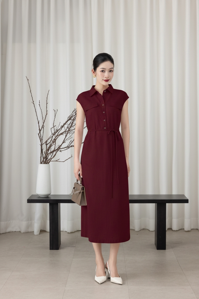 SWANLAKE | Váy Đầm Nữ Suông Vải Linen Cổ Sơ Mi Cài Nút Tay Hến Có Túi Dây Thắt Eo Công Sở D13644LW01