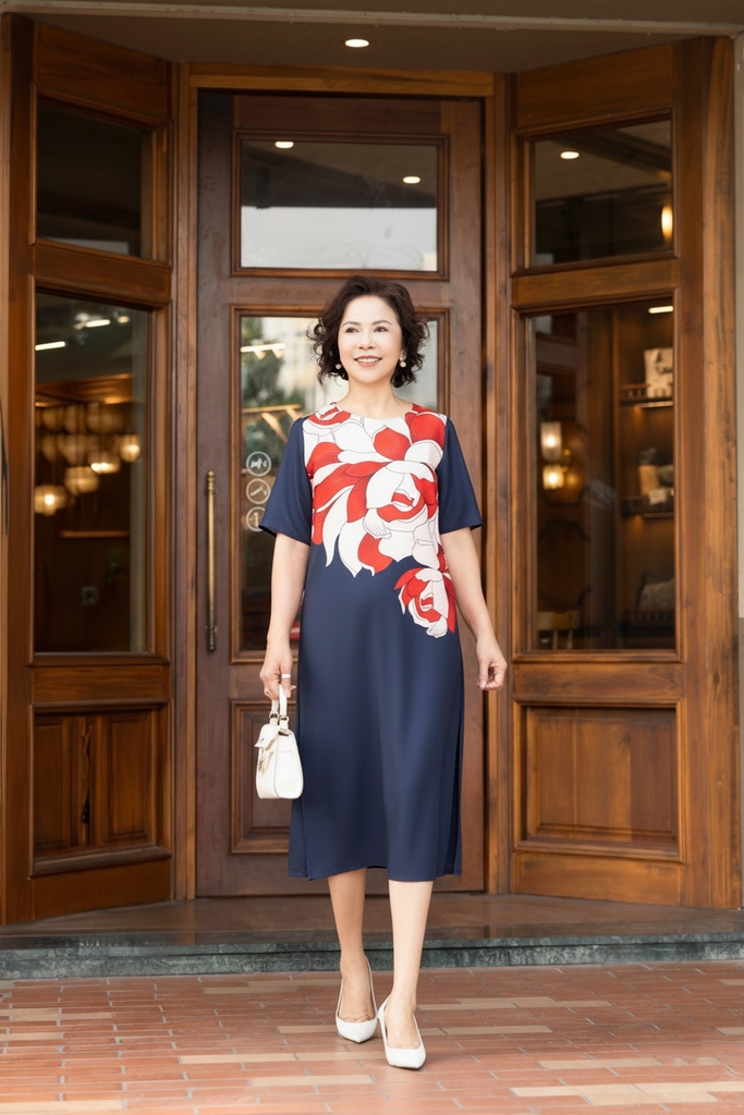 M COLLECTION | Đầm Lụa Day Co Giãn Chân Bông Đi Tiệc Trung Niên, Tặng Mẹ Sang Trọng D12571LW01