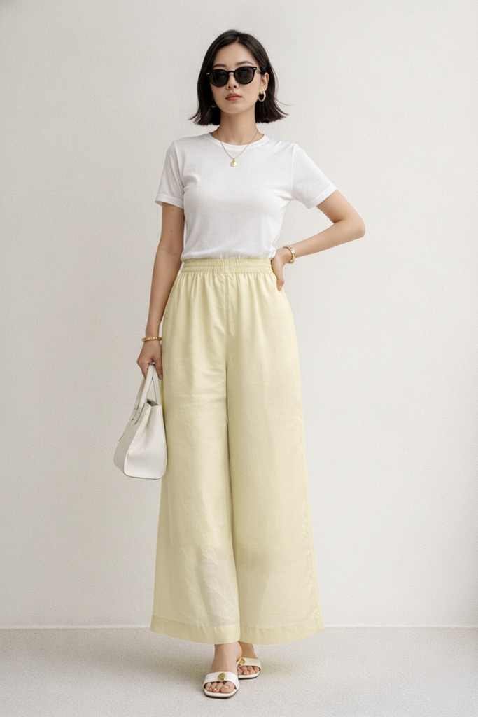 SWANLAKE | Quần Dài Nữ Dáng Suông Ống Rộng Vải Linen Tơ Bản Lưng Thun Cao Cấp Q13790LW01