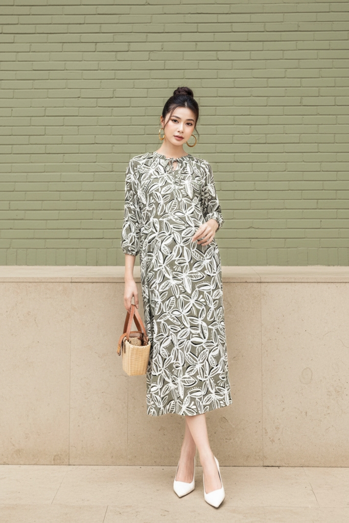 SWANLAKE | Váy Đầm Nữ Midi Suông Tay Lỡ Vải Linen In Hoa Có Túi Xẻ Tà Công Sở Dạo Phố D13513LW01