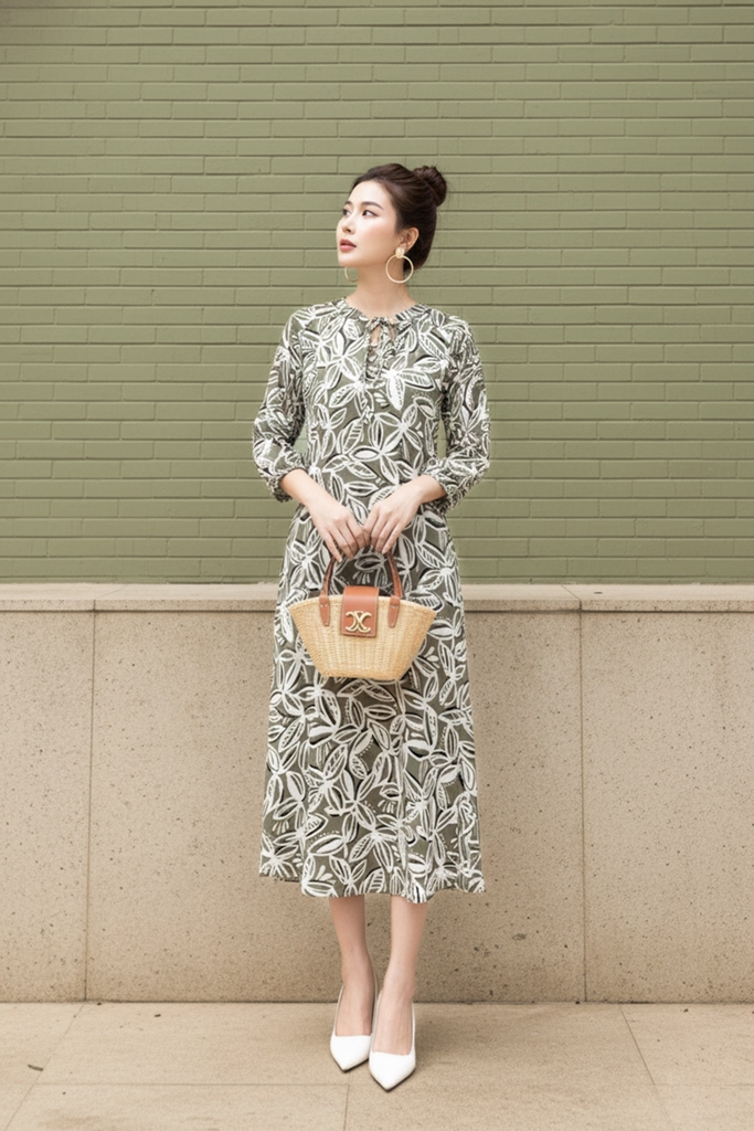 SWANLAKE | Váy Đầm Nữ Midi Suông Tay Lỡ Vải Linen In Hoa Có Túi Xẻ Tà Công Sở Dạo Phố D13513LW01