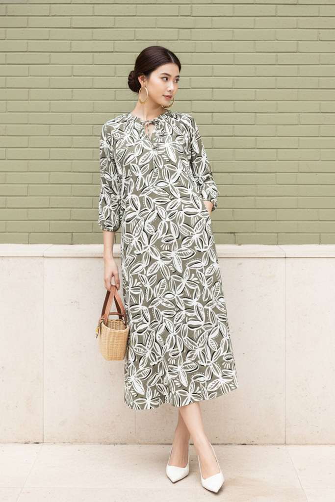 SWANLAKE | Váy Đầm Nữ Midi Suông Tay Lỡ Vải Linen In Hoa Có Túi Xẻ Tà Công Sở Dạo Phố D13513LW01