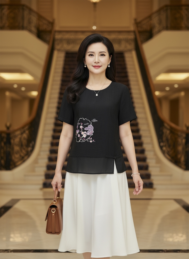 M COLLECTION | Áo Kiểu Nữ Trung Niên Tặng Mẹ Bà Chất Vải Lụa Hàn Thêu Hoa Cổ Tròn Tay Ngắn A12342