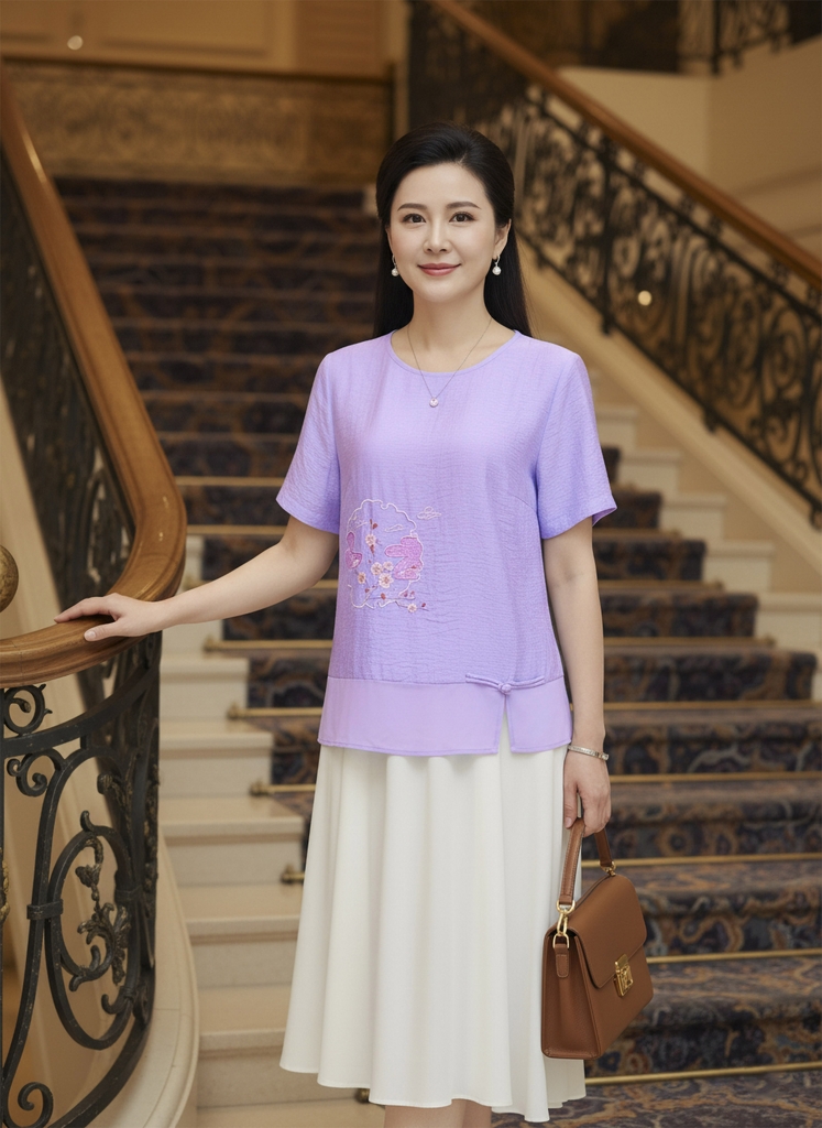 M COLLECTION | Áo Kiểu Nữ Trung Niên Tặng Mẹ Bà Chất Vải Lụa Hàn Thêu Hoa Cổ Tròn Tay Ngắn A12342