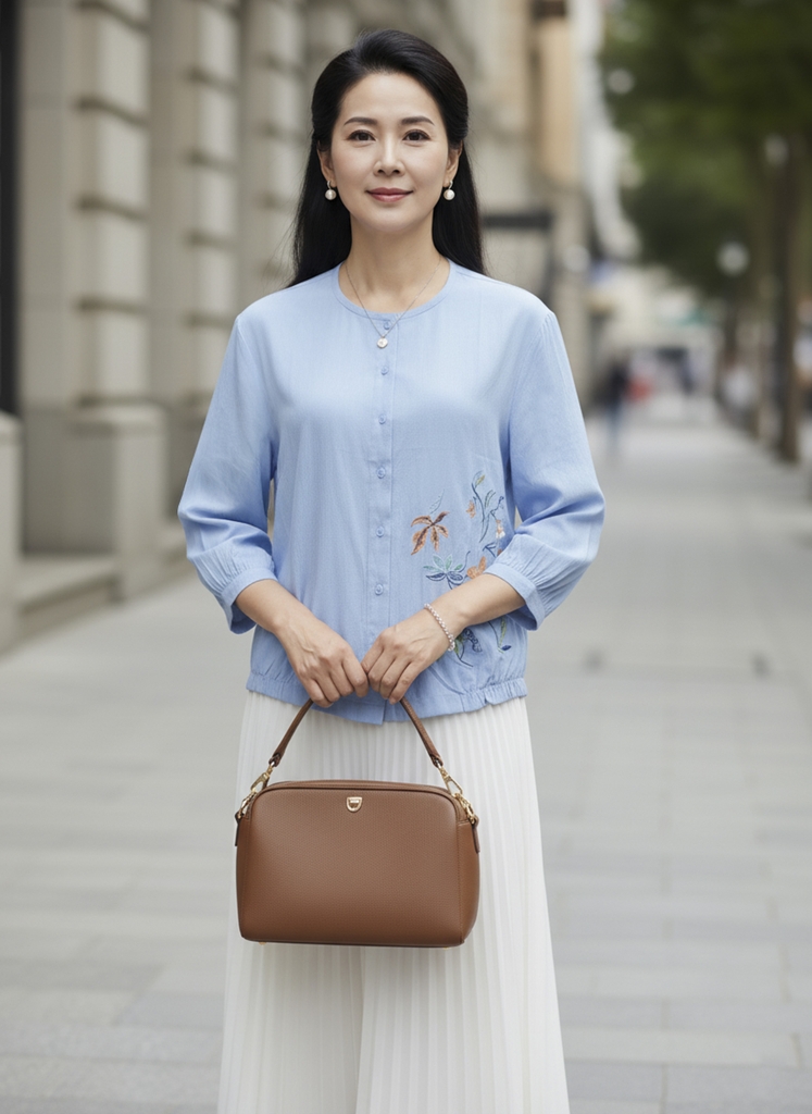 M COLLECTION | Áo Kiểu Nữ Trung Niên Tặng Mẹ, Bà Cổ Tròn Cài Nút Cotton Cát Thêu Hoa Tay Lỡ A12930