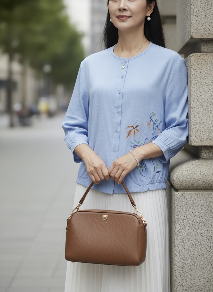 M COLLECTION | Áo Kiểu Nữ Trung Niên Tặng Mẹ, Bà Cổ Tròn Cài Nút Cotton Cát Thêu Hoa Tay Lỡ A12930