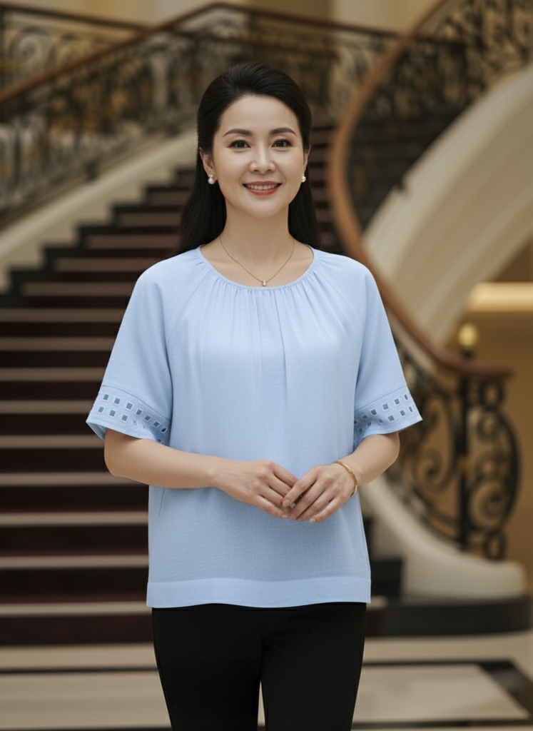 M COLLECTION | Áo Kiểu Nữ Trung Niên Tặng Mẹ, Bà Chất Vải Lụa Hàn Cổ Tròn Bo Chun Tay Ngắn A11631