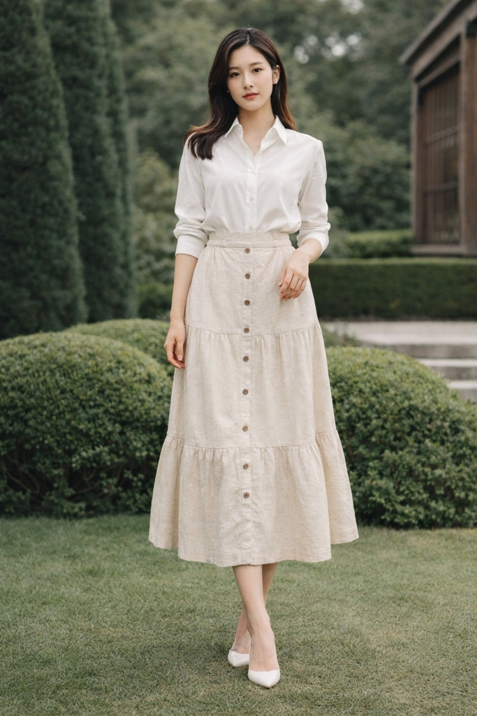 SWANLAKE | Chân Váy Nữ Dài Xòe Nhiều Tầng Lưng Thun Vải Linen Đính Nút Công Sở Thanh Lịch V13795LW01