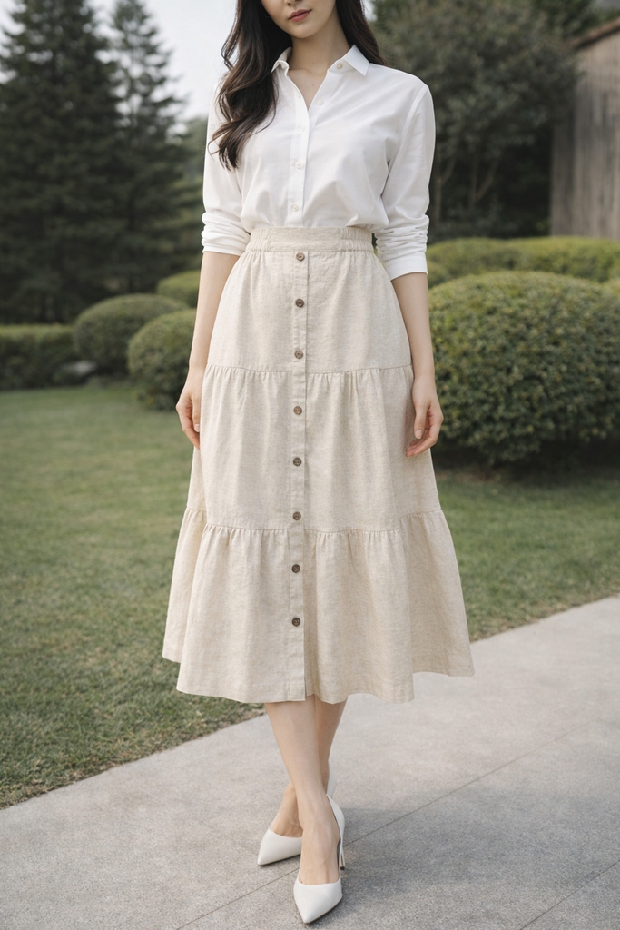 SWANLAKE | Chân Váy Nữ Dài Xòe Nhiều Tầng Lưng Thun Vải Linen Đính Nút Công Sở Thanh Lịch V13795LW01