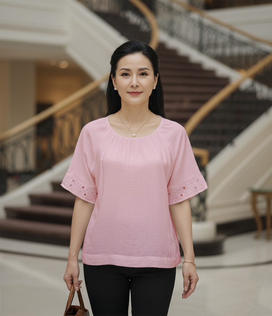 M COLLECTION | Áo Kiểu Nữ Trung Niên Tặng Mẹ, Bà Chất Vải Lụa Hàn Cổ Tròn Bo Chun Tay Ngắn A11631