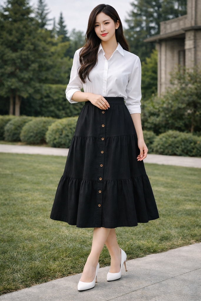 SWANLAKE | Chân Váy Nữ Dài Xòe Nhiều Tầng Lưng Thun Vải Linen Đính Nút Công Sở Thanh Lịch V13795LW01