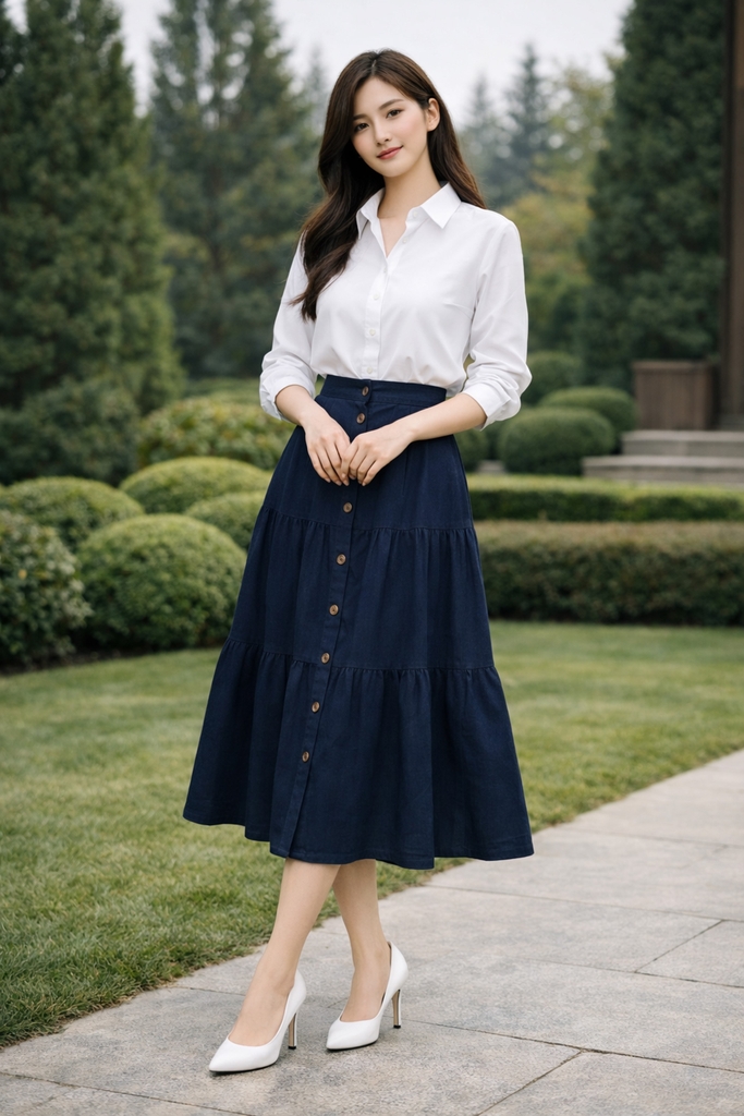 SWANLAKE | Chân Váy Nữ Dài Xòe Nhiều Tầng Lưng Thun Vải Linen Đính Nút Công Sở Thanh Lịch V13795LW01