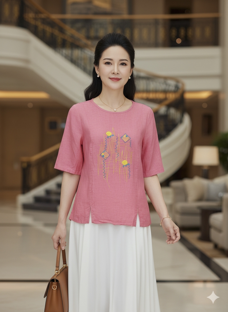 M COLLECTION | Áo Kiểu Nữ Trung Niên Tặng Mẹ Phom Suông Cổ Tròn Chất Vải Linen Thêu Họa Tiết A10943LW01