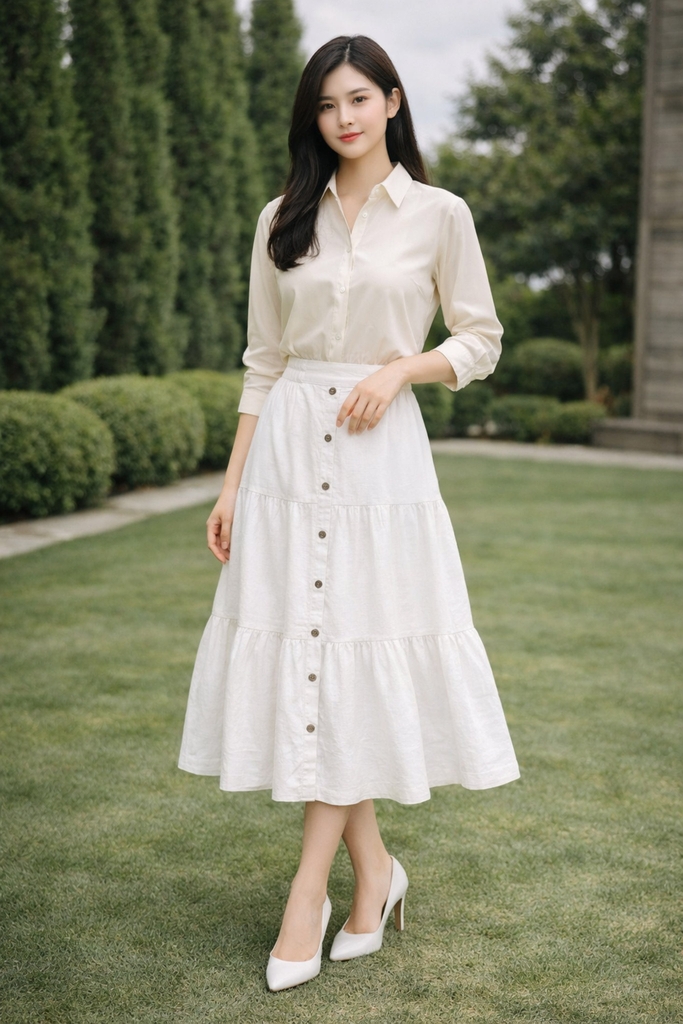 SWANLAKE | Chân Váy Nữ Dài Xòe Nhiều Tầng Lưng Thun Vải Linen Đính Nút Công Sở Thanh Lịch V13795LW01