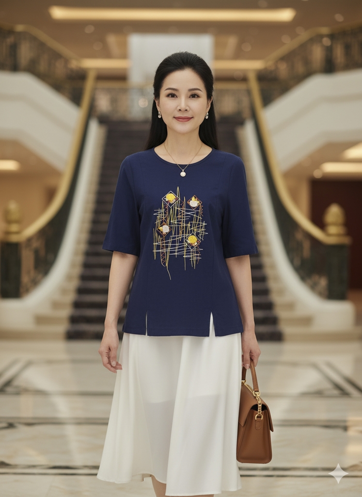 M COLLECTION | Áo Kiểu Nữ Trung Niên Tặng Mẹ Phom Suông Cổ Tròn Chất Vải Linen Thêu Họa Tiết A10943LW01
