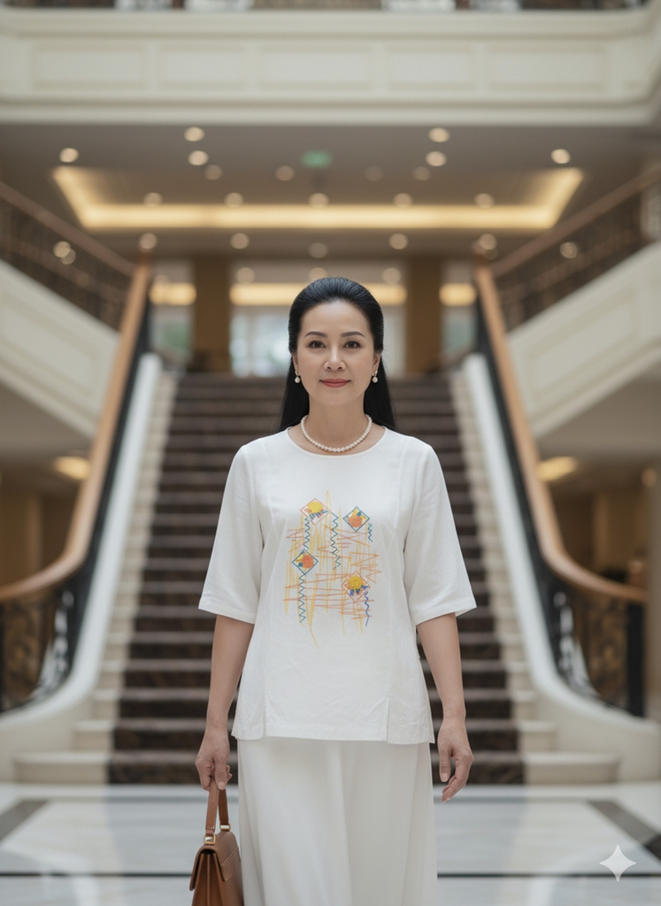 M COLLECTION | Áo Kiểu Nữ Trung Niên Tặng Mẹ Phom Suông Cổ Tròn Chất Vải Linen Thêu Họa Tiết A10943LW01