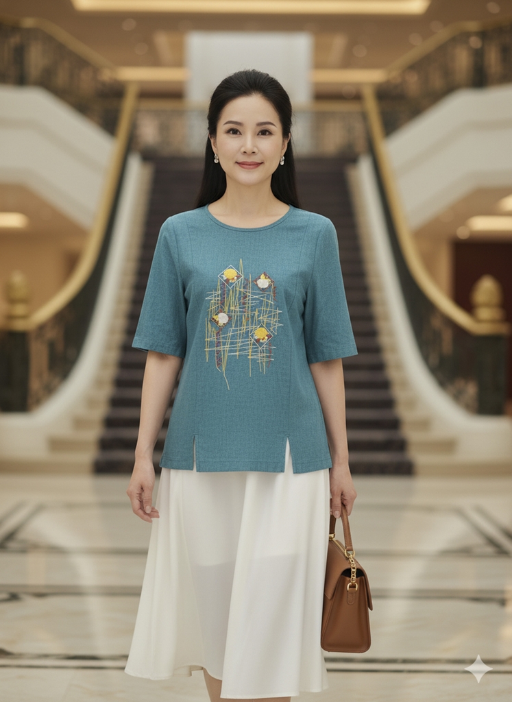 M COLLECTION | Áo Kiểu Nữ Trung Niên Tặng Mẹ Phom Suông Cổ Tròn Chất Vải Linen Thêu Họa Tiết A10943LW01