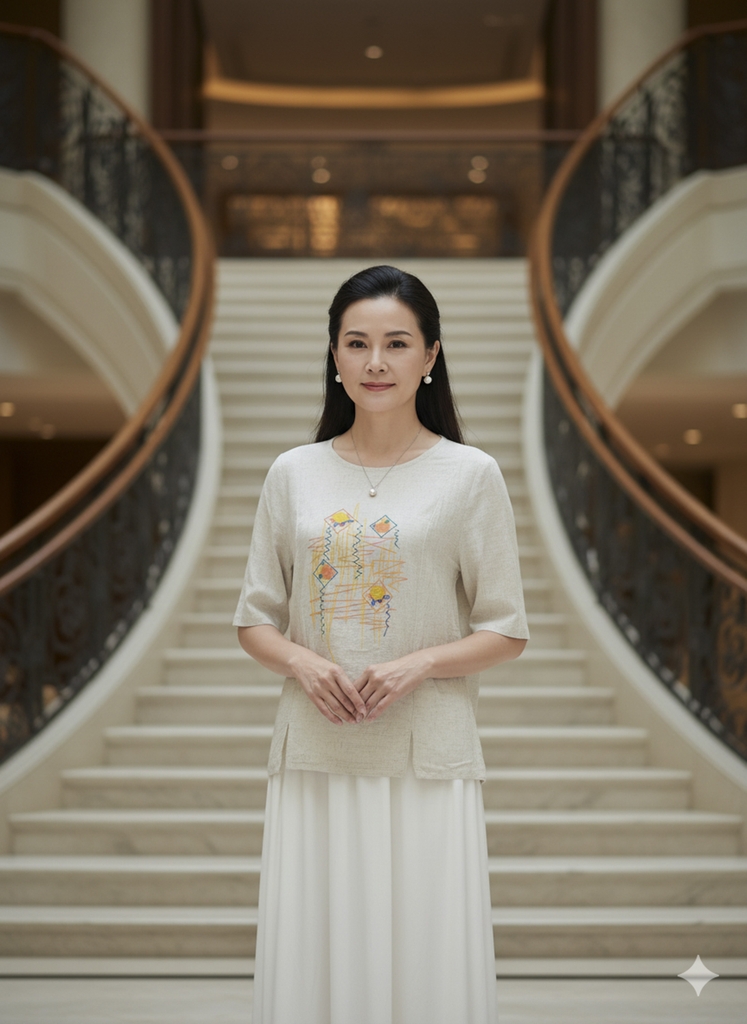 M COLLECTION | Áo Kiểu Nữ Trung Niên Tặng Mẹ Phom Suông Cổ Tròn Chất Vải Linen Thêu Họa Tiết A10943LW01