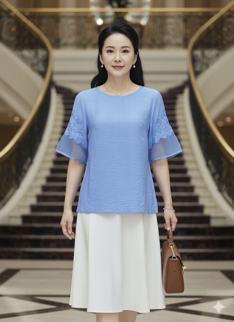 M COLLECTION | Áo Kiểu Nữ Trung Niên Tặng Mẹ Cổ Tròn Vải Lụa Hàn Thêu Hoa Phối Tay Lưới A10957