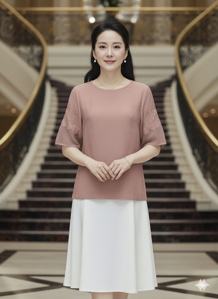 M COLLECTION | Áo Kiểu Nữ Trung Niên Tặng Mẹ Cổ Tròn Vải Lụa Hàn Thêu Hoa Phối Tay Lưới A10957