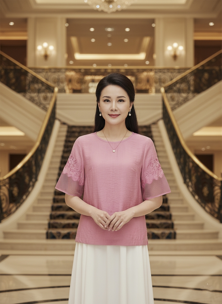 M COLLECTION | Áo Kiểu Nữ Trung Niên Tặng Mẹ Cổ Tròn Vải Lụa Hàn Thêu Hoa Phối Tay Lưới A10957