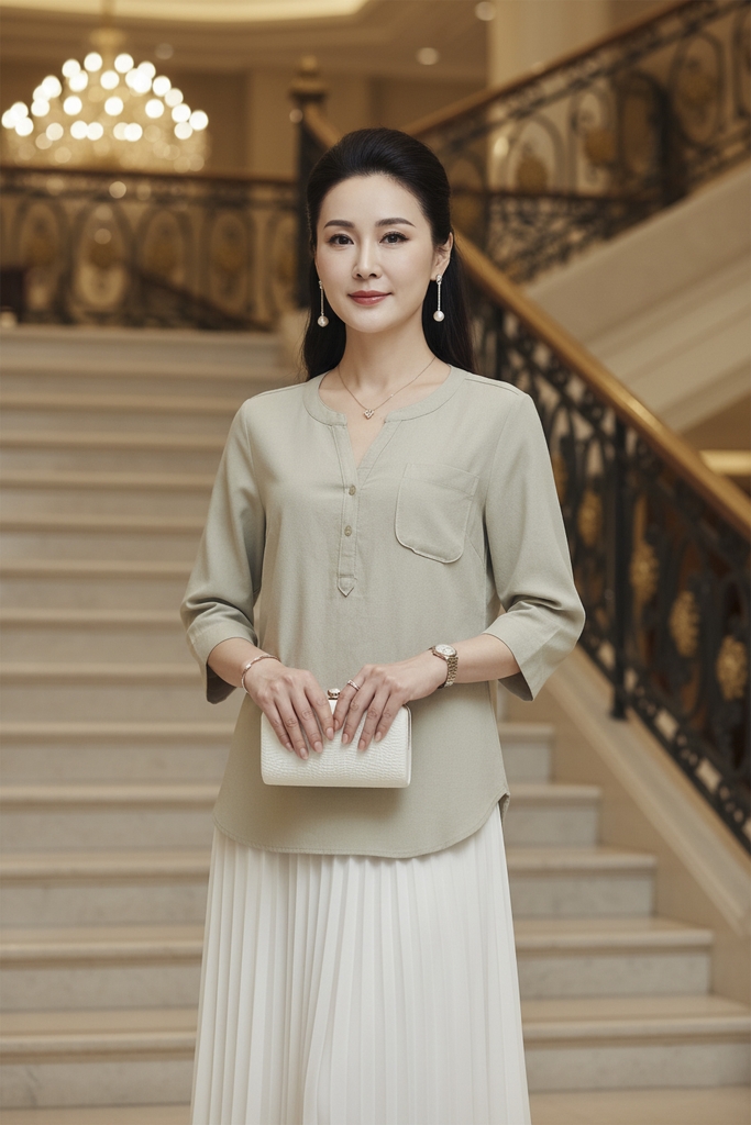 Áo Kiểu Nữ Trung Niên Tặng Mẹ Bà Vải Linen Cài Nút Có Túi Tay Lỡ Thanh Lịch A11779