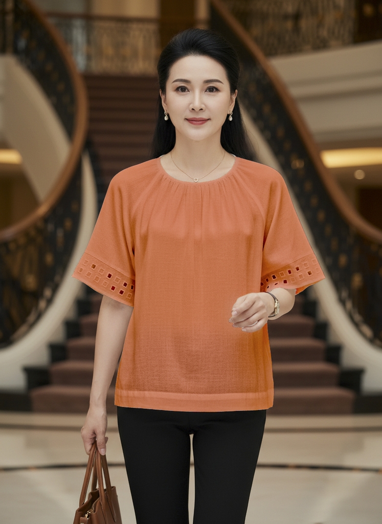 M COLLECTION | Áo Kiểu Nữ Trung Niên Tặng Mẹ, Bà Chất Vải Lụa Hàn Cổ Tròn Bo Chun Tay Ngắn A11631