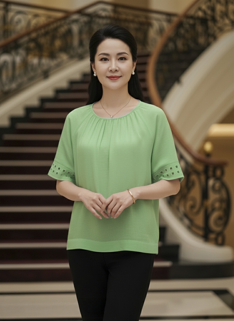 M COLLECTION | Áo Kiểu Nữ Trung Niên Tặng Mẹ, Bà Chất Vải Lụa Hàn Cổ Tròn Bo Chun Tay Ngắn A11631