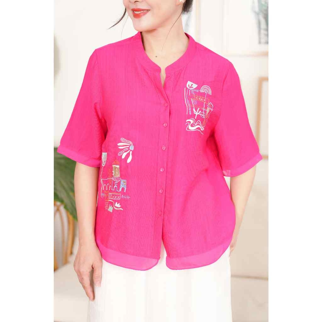 M-Collection - Áo Sơ Mi Cổ Trụ Tay Ngắn Thêu Đối Xứng Chất Liệu Vải Lụa Hàn - A12096LW01