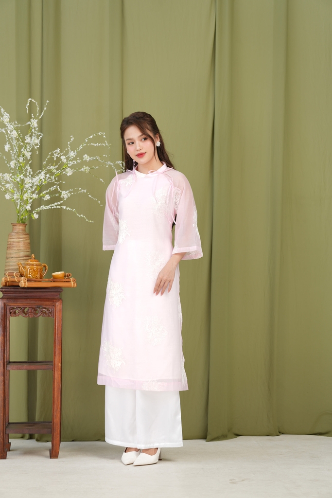 Áo Dài Thanh An Hai Lớp Thắt Dây Chất Liệu Tơ Thêu Lót Lụa Hàn Swanlake (Không bao gồm quần) - L11454LW01