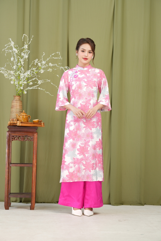 Áo Dài Khả Ngân Chất Liệu Lụa Dày Cổ Tàu Swanlake Hồng - L12002LW01